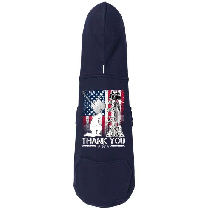 Thank You Memorial Day Distressed Flag Kneeling Soldier Doggie 3-End Fleece Hoodie