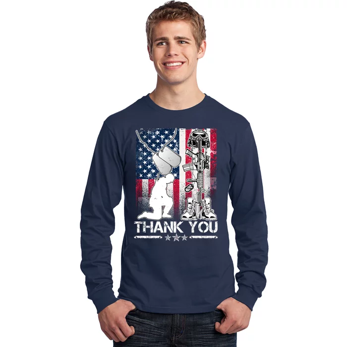 Thank You Memorial Day Distressed Flag Kneeling Soldier Long Sleeve Shirt