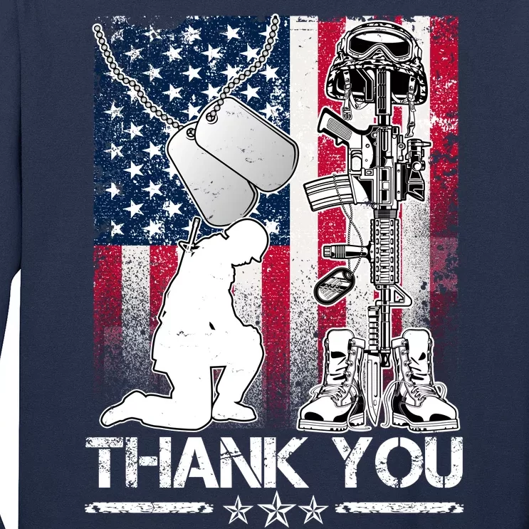 Thank You Memorial Day Distressed Flag Kneeling Soldier Long Sleeve Shirt