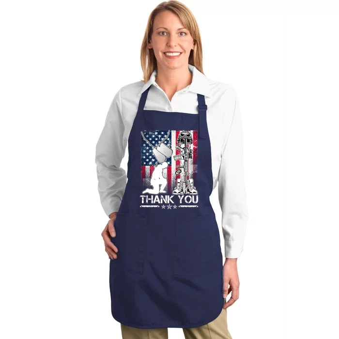 Thank You Memorial Day Distressed Flag Kneeling Soldier Full-Length Apron With Pocket