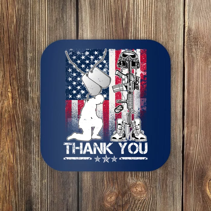 Thank You Memorial Day Distressed Flag Kneeling Soldier Coaster