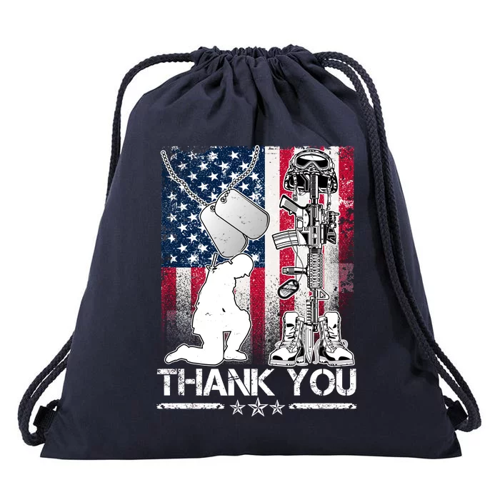 Thank You Memorial Day Distressed Flag Kneeling Soldier Drawstring Bag