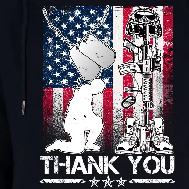 Thank You Memorial Day Distressed Flag Kneeling Soldier Womens Funnel Neck Pullover Hood