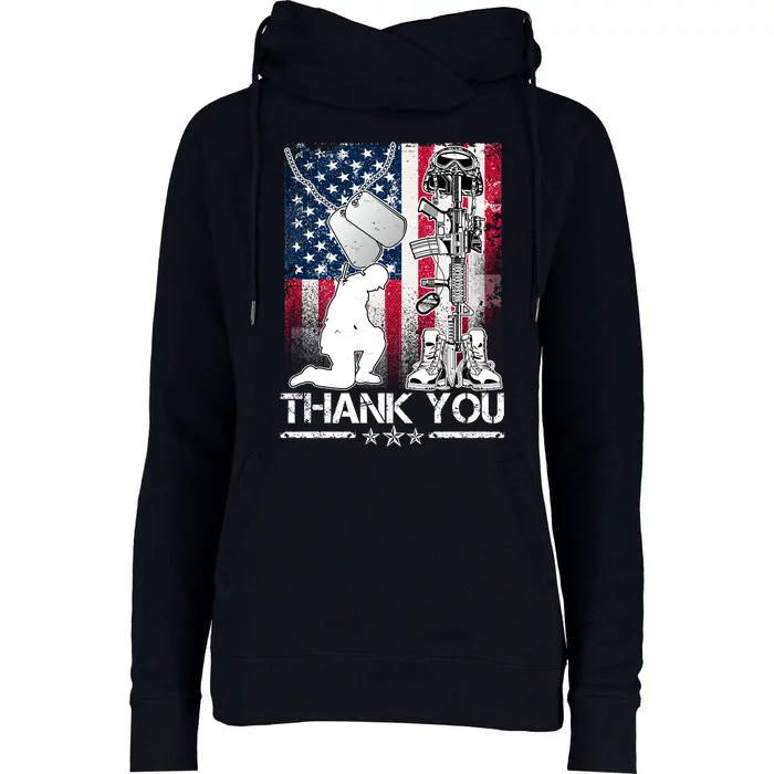 Thank You Memorial Day Distressed Flag Kneeling Soldier Womens Funnel Neck Pullover Hood