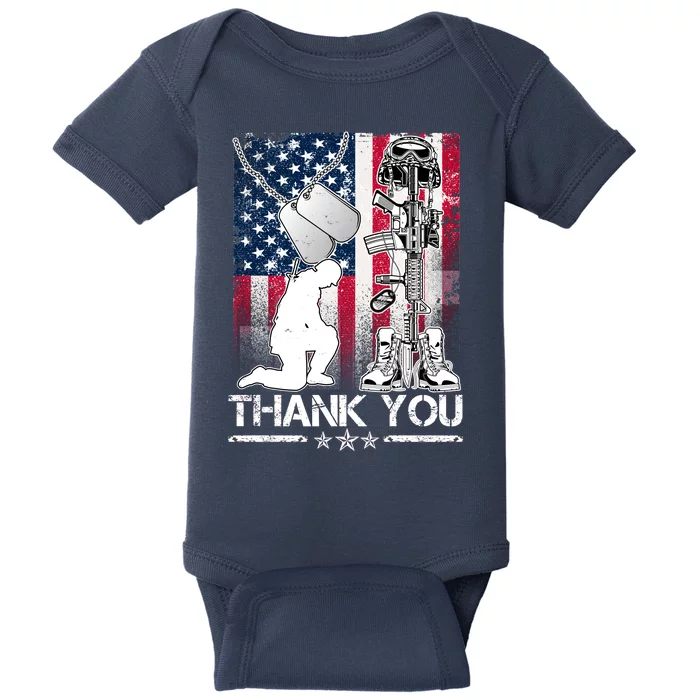 Thank You Memorial Day Distressed Flag Kneeling Soldier Baby Bodysuit