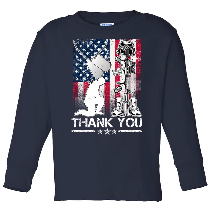 Thank You Memorial Day Distressed Flag Kneeling Soldier Toddler Long Sleeve Shirt