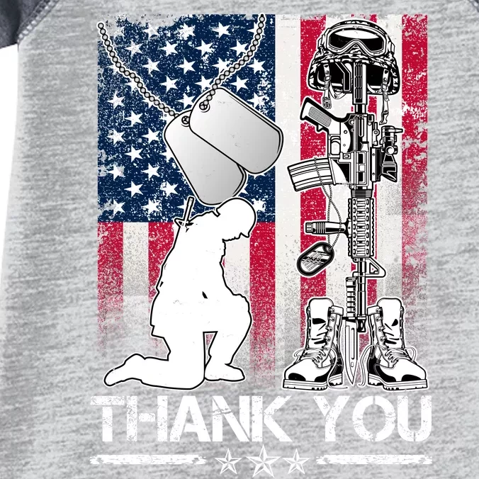 Thank You Memorial Day Distressed Flag Kneeling Soldier Infant Baby Jersey Bodysuit