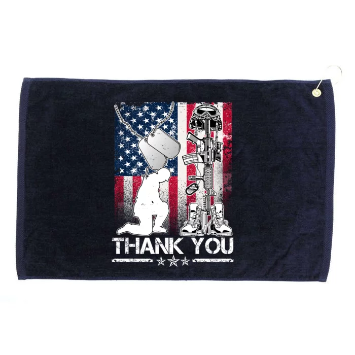 Thank You Memorial Day Distressed Flag Kneeling Soldier Grommeted Golf Towel