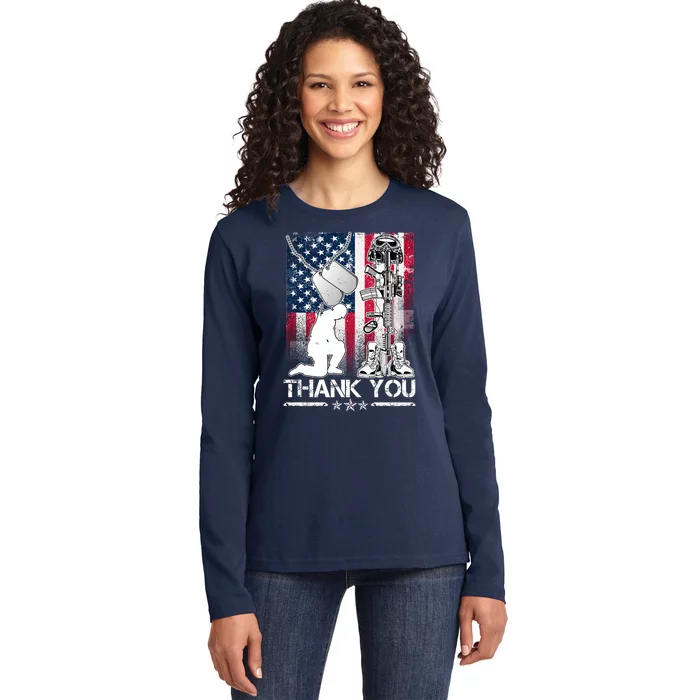 Thank You Memorial Day Distressed Flag Kneeling Soldier Ladies Long Sleeve Shirt