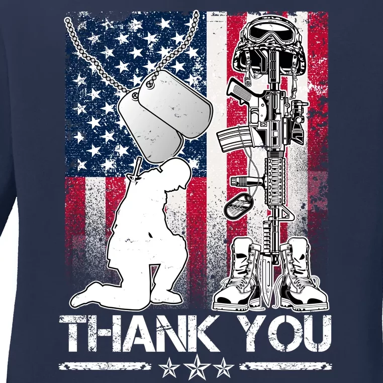 Thank You Memorial Day Distressed Flag Kneeling Soldier Ladies Long Sleeve Shirt