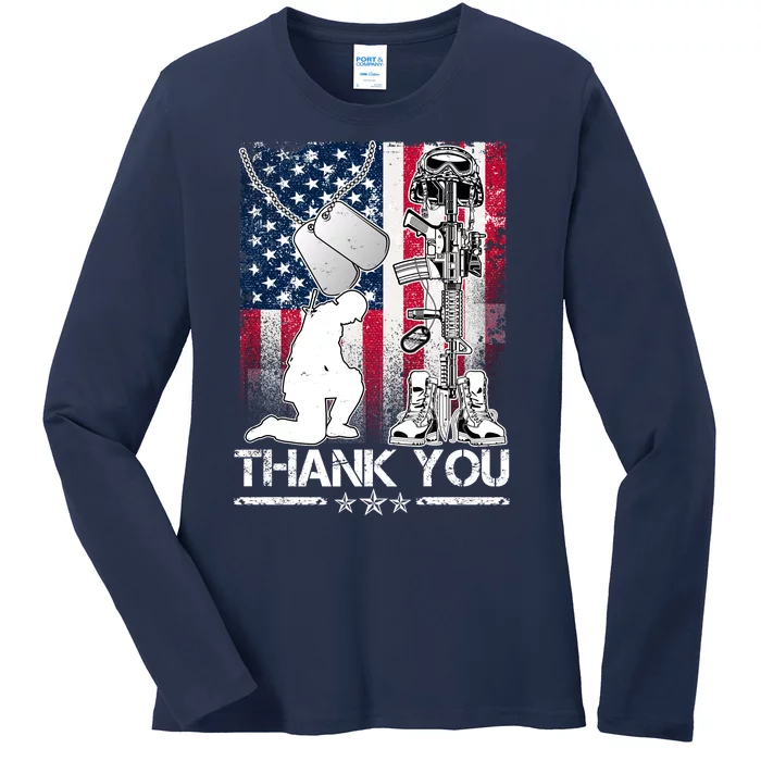 Thank You Memorial Day Distressed Flag Kneeling Soldier Ladies Long Sleeve Shirt