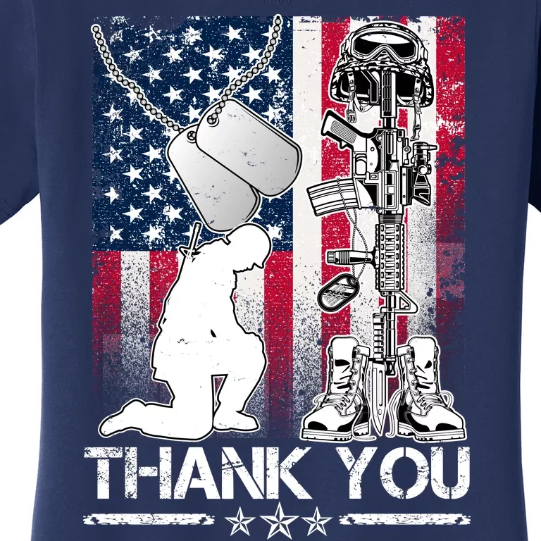 Thank You Memorial Day Distressed Flag Kneeling Soldier Women's T-Shirt