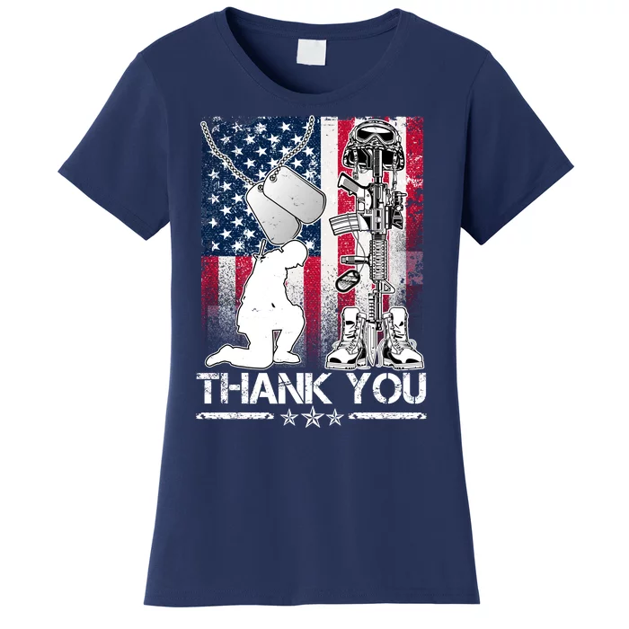 Thank You Memorial Day Distressed Flag Kneeling Soldier Women's T-Shirt