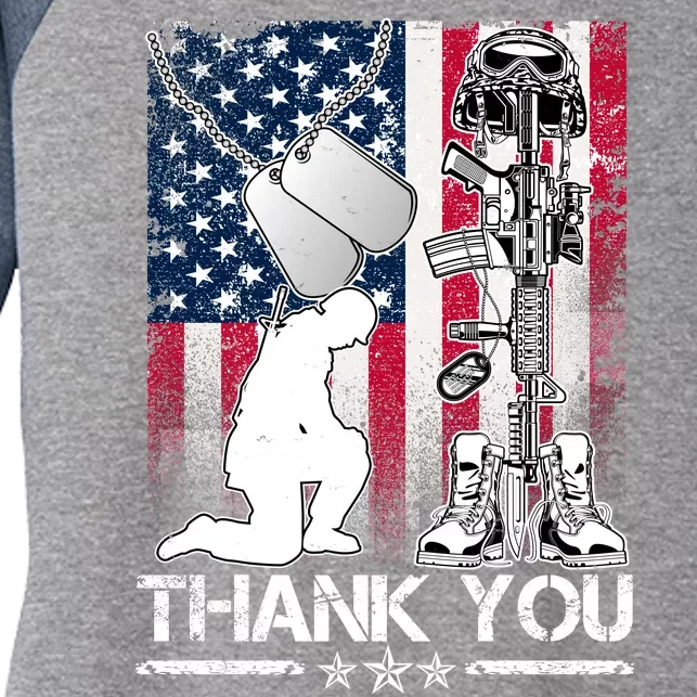 Thank You Memorial Day Distressed Flag Kneeling Soldier Women's Tri-Blend 3/4-Sleeve Raglan Shirt