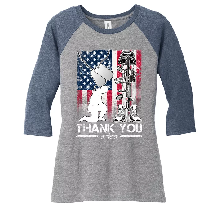 Thank You Memorial Day Distressed Flag Kneeling Soldier Women's Tri-Blend 3/4-Sleeve Raglan Shirt