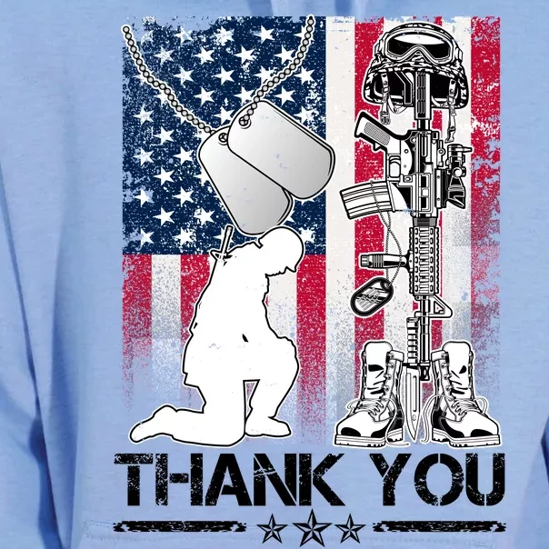 Thank You Memorial Day Distressed Flag Kneeling Soldier Unisex Surf Hoodie