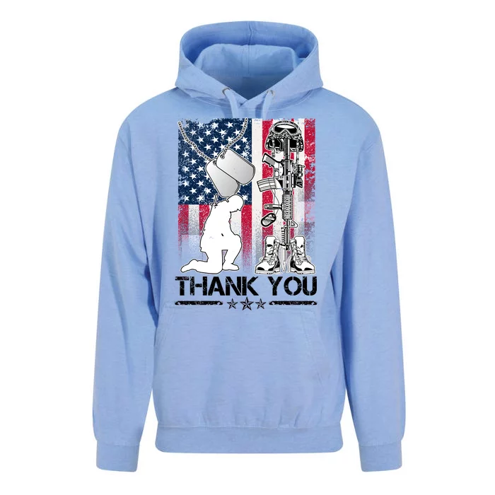 Thank You Memorial Day Distressed Flag Kneeling Soldier Unisex Surf Hoodie