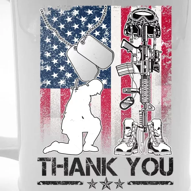 Thank You Memorial Day Distressed Flag Kneeling Soldier Front & Back Beer Stein