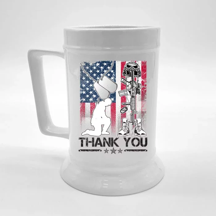 Thank You Memorial Day Distressed Flag Kneeling Soldier Front & Back Beer Stein