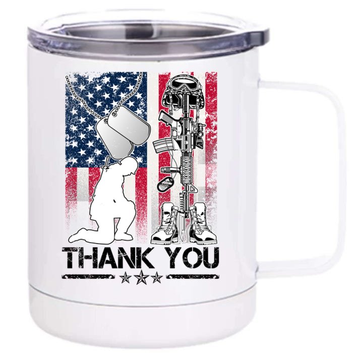 Thank You Memorial Day Distressed Flag Kneeling Soldier Front & Back 12oz Stainless Steel Tumbler Cup