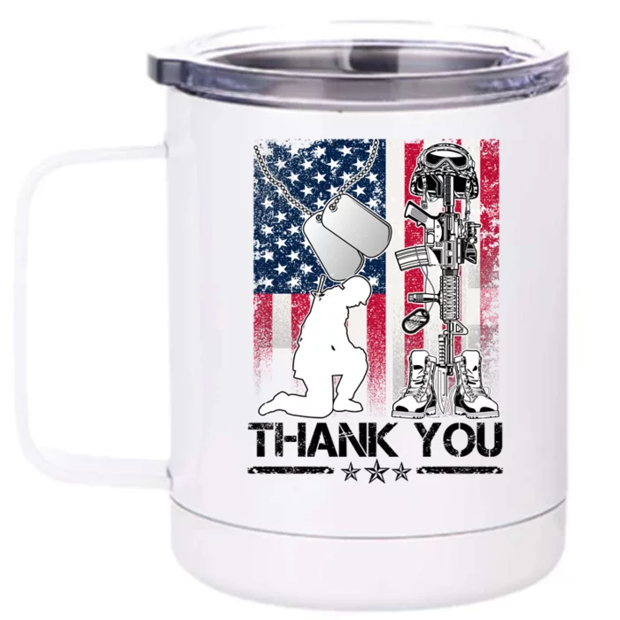 Thank You Memorial Day Distressed Flag Kneeling Soldier Front & Back 12oz Stainless Steel Tumbler Cup