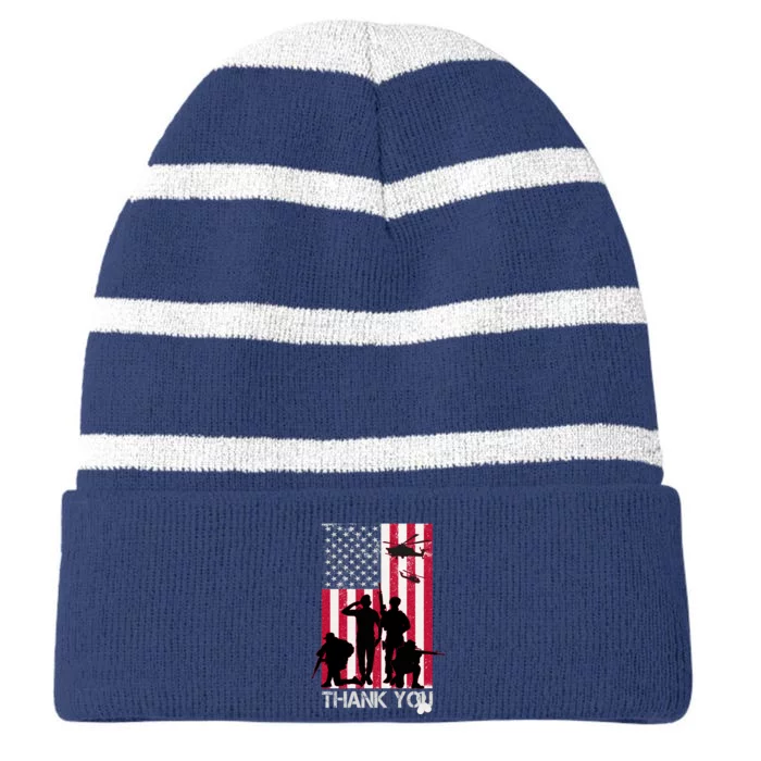 Thank You Memorial Day Soldiers USA Flag Striped Beanie with Solid Band