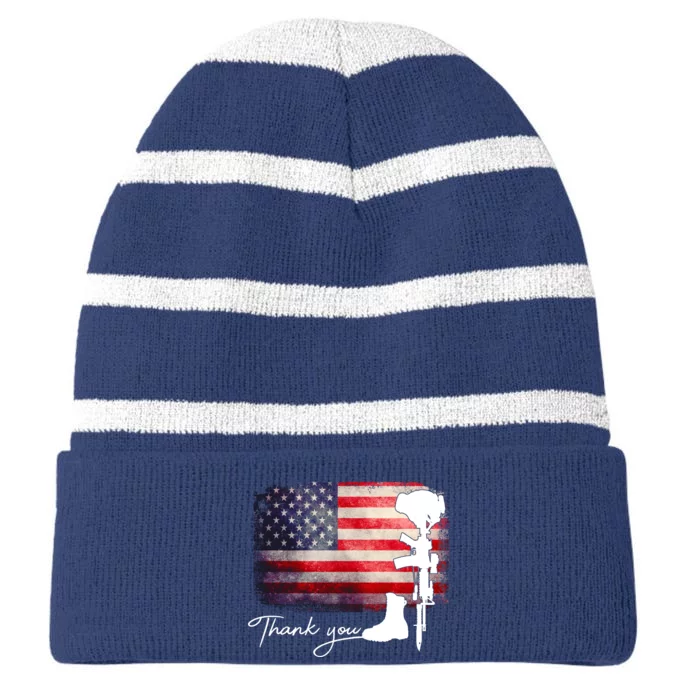 Thank You Veterans Memorial Day Striped Beanie with Solid Band