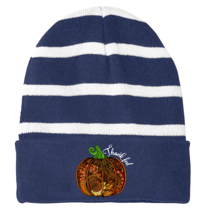 Thankful Abstract Pumpkin Thanksgiving Striped Beanie with Solid Band