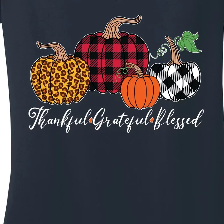 Thankful Grateful Blessed Fashion Buffalo Plaid Leopard Women's V-Neck T-Shirt