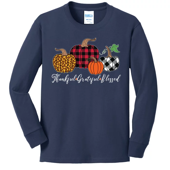 Thankful Grateful Blessed Fashion Buffalo Plaid Leopard Kids Long Sleeve Shirt