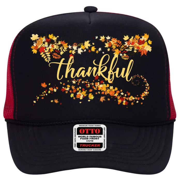 Thankful Thanksgiving Fall Autumn Leaves High Crown Mesh Trucker Hat