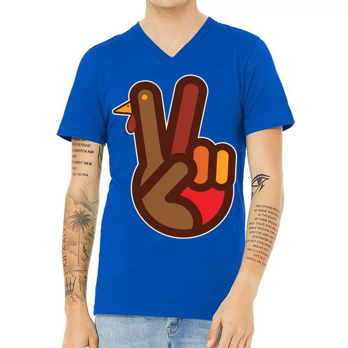 Thanksgiving Peace Sign Hand Turkey V-Neck T-Shirt