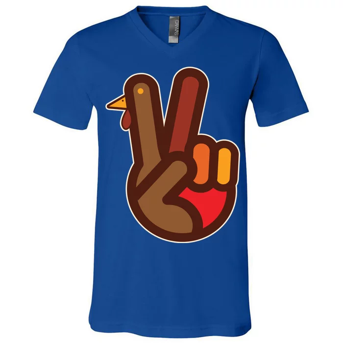 Thanksgiving Peace Sign Hand Turkey V-Neck T-Shirt