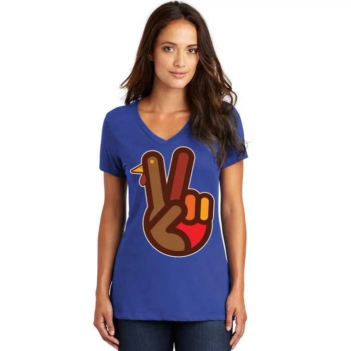 Thanksgiving Peace Sign Hand Turkey Women's V-Neck T-Shirt