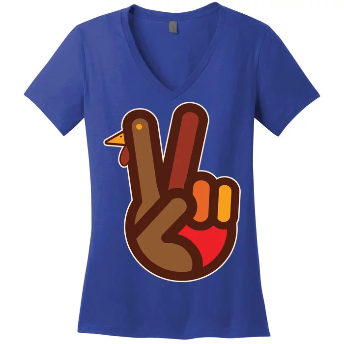 Thanksgiving Peace Sign Hand Turkey Women's V-Neck T-Shirt