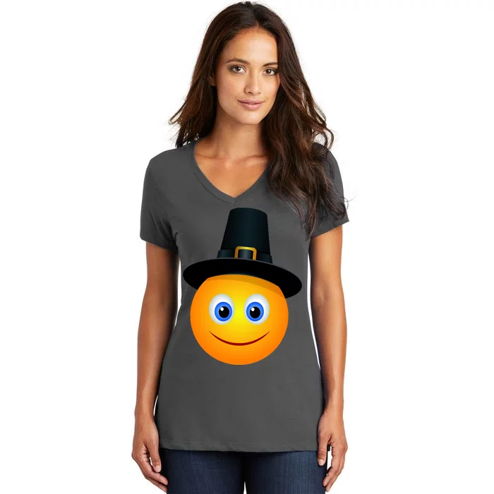 Thanksgiving Pilgrim Emoji Smiley Women's V-Neck T-Shirt