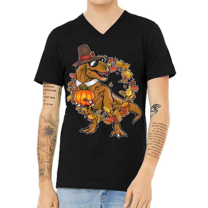 Thanksgiving T-Rex Pilgrim V-Neck T-Shirt