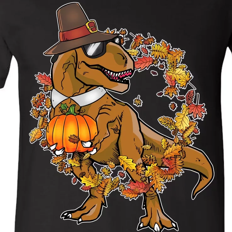 Thanksgiving T-Rex Pilgrim V-Neck T-Shirt