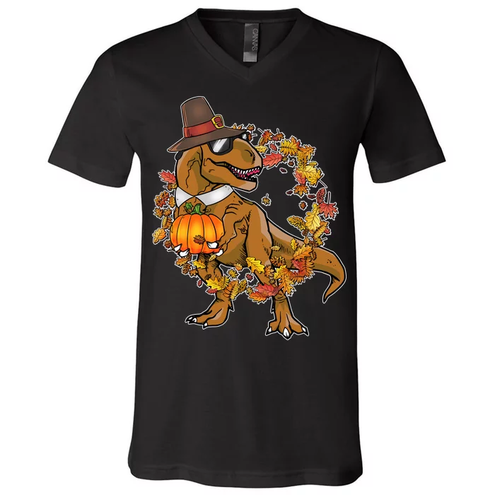 Thanksgiving T-Rex Pilgrim V-Neck T-Shirt