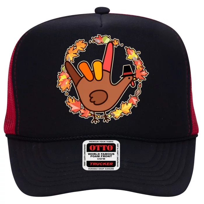 Thanksgiving Turkey Sign Language I Love You High Crown Mesh Trucker Hat