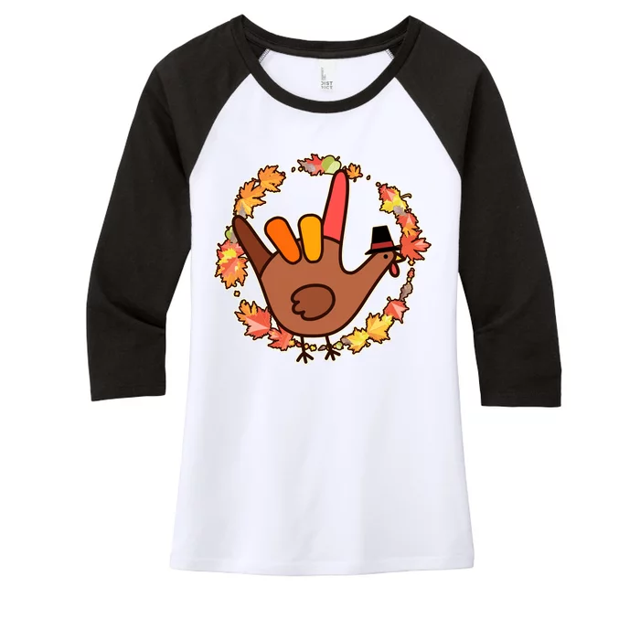 Thanksgiving Turkey Sign Language I Love You Women's Tri-Blend 3/4-Sleeve Raglan Shirt