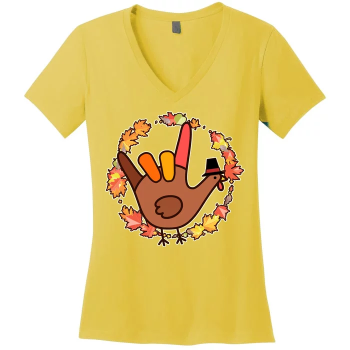 Thanksgiving Turkey Sign Language I Love You Women's V-Neck T-Shirt