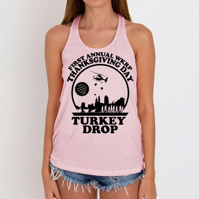 Thanksgiving WKRP Turkey Drop Women's Knotted Racerback Tank