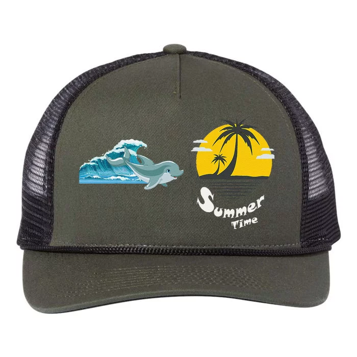 Tropical Heartbeat Beach Trees Dolphin Summer Retro Rope Trucker Hat Cap