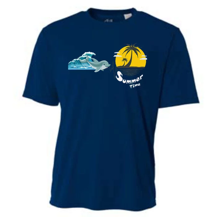 Tropical Heartbeat Beach Trees Dolphin Summer Cooling Performance Crew T-Shirt