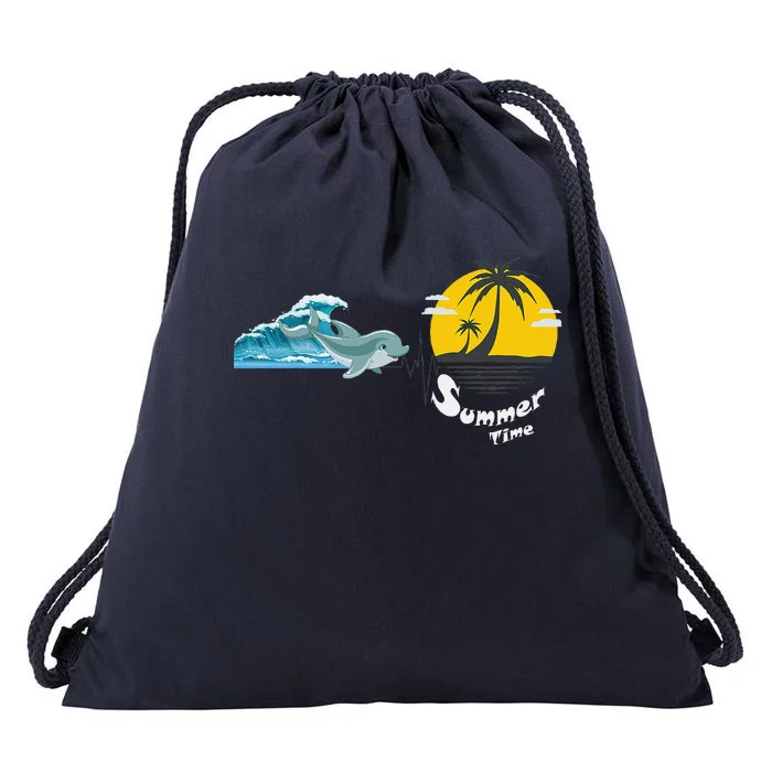 Tropical Heartbeat Beach Trees Dolphin Summer Drawstring Bag