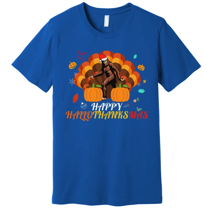 Th Hallothanksmas Bigfoot Halloween Thanksgiving Christmas Premium T-Shirt