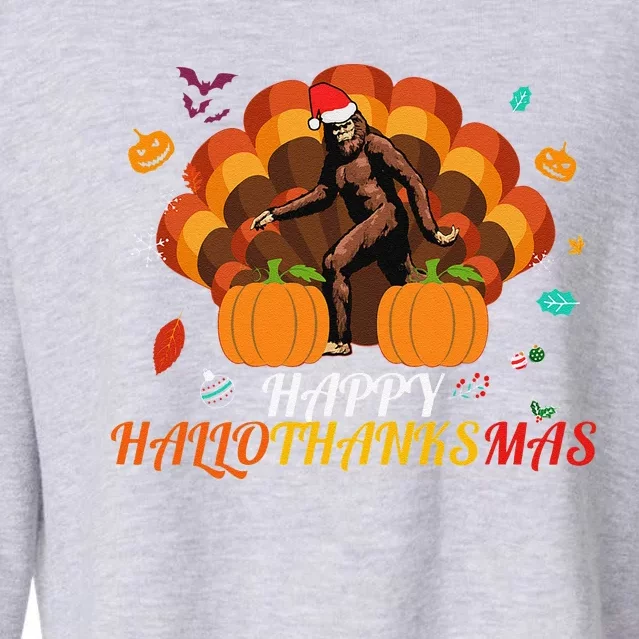 Th Hallothanksmas Bigfoot Halloween Thanksgiving Christmas Cropped Pullover Crew