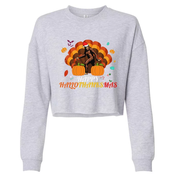 Th Hallothanksmas Bigfoot Halloween Thanksgiving Christmas Cropped Pullover Crew