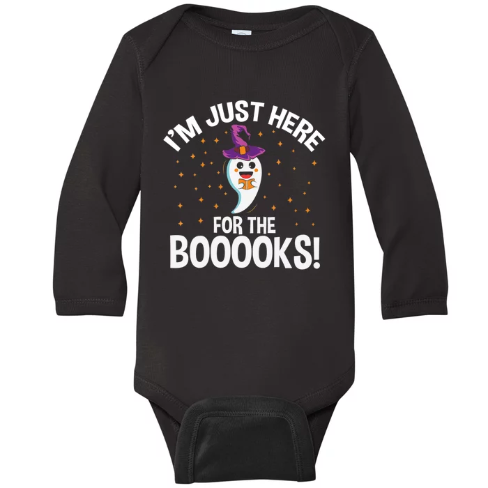 Teacher Halloween Bookworm Just Here For The Boooks Ghost Baby Long Sleeve Bodysuit